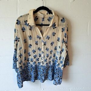 Floral Button Down Shirt - Blue and White